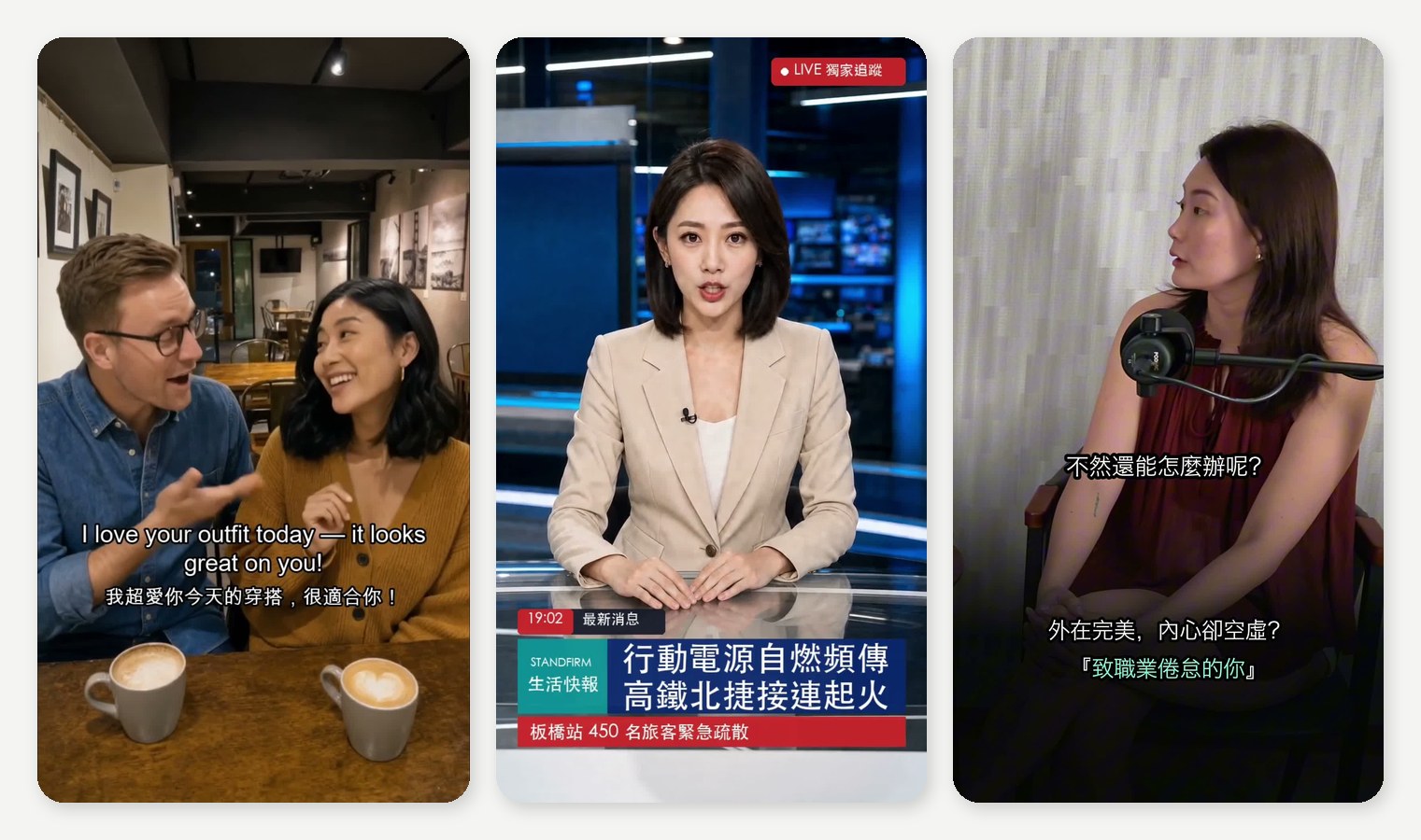 三支這週用 AI 做的直式短影音：左為咖啡廳情境的英語教學片（中英雙語字幕）、中為新聞主播快報式短影音（含新聞下標條）、右為訪談 podcast 剪成的直版 Reels（常駐標題＋逐句字幕）