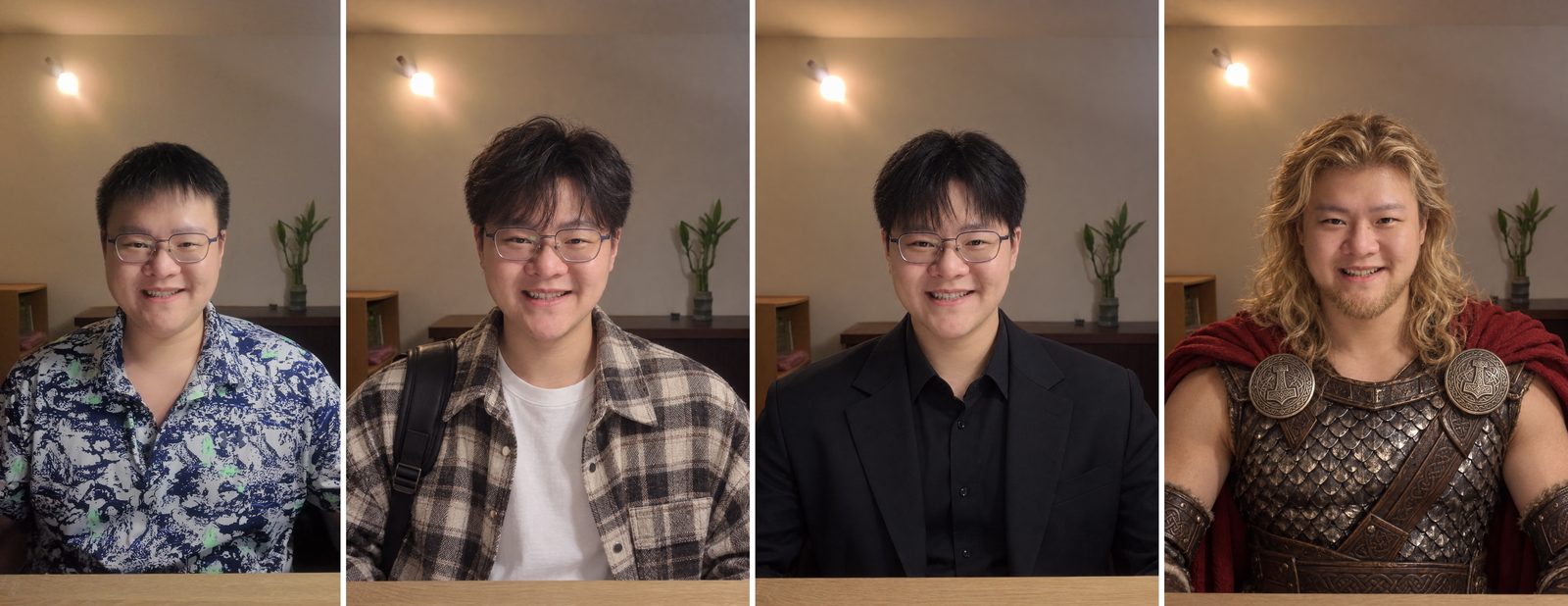 四張並排的正面照，最左邊是原本的花襯衫，接著依序換成米色格紋襯衫外套、黑色西裝、北歐雷神造型的盔甲與長捲髮，臉跟背景都是同一個