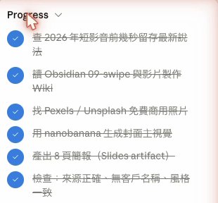 Cowork 右側的 Progress 進度清單，六個項目全部打勾：查資料、讀 Obsidian 筆記、找 Pexels 照片、用 nanobanana 生封面、產出簡報、檢查來源與風格