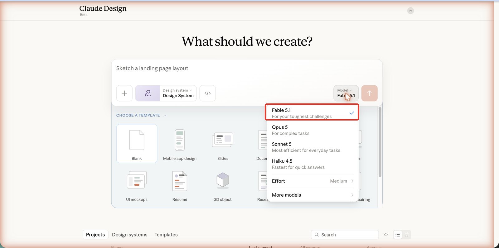 Claude Design 的模型選單，列出 Fable 5.1、Opus 5、Sonnet 5、Haiku 4.5 四個模型，最上面的 Fable 5.1 用紅框標出