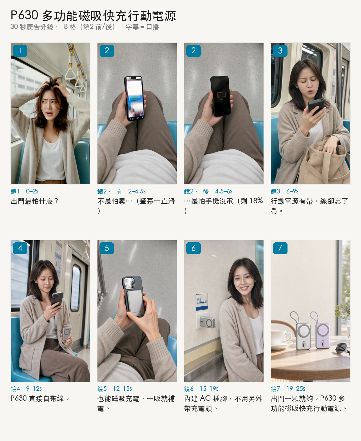 P630 行動電源 30 秒廣告的完整分鏡圖，上下兩排共 8 格，每格標了鏡號、秒數與台詞