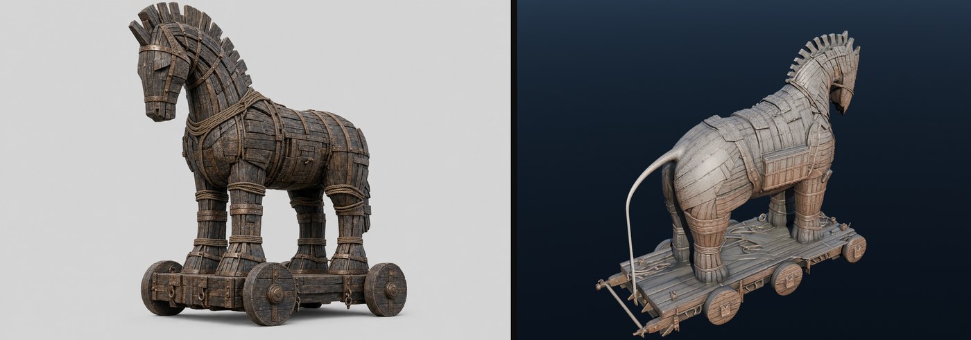 左邊是 AI 生成的木馬平面圖，灰色背景乾淨無雜物；右邊是它被轉成 3D 模型之後的樣子